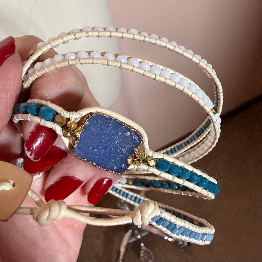 Nakamol blue white Raw gemstone boho Mediterranean long Wrap bracelet - Picture 11 of 15